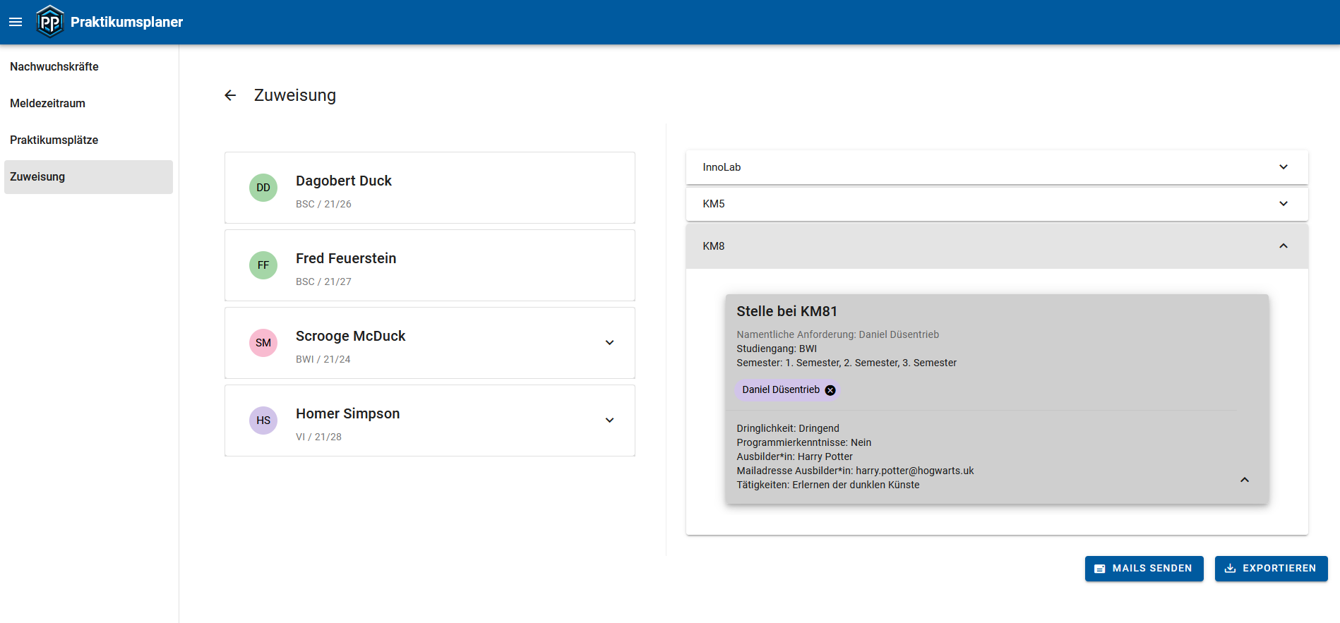 Screenshot of the assignment page of the Praktikumsplaners with sample data