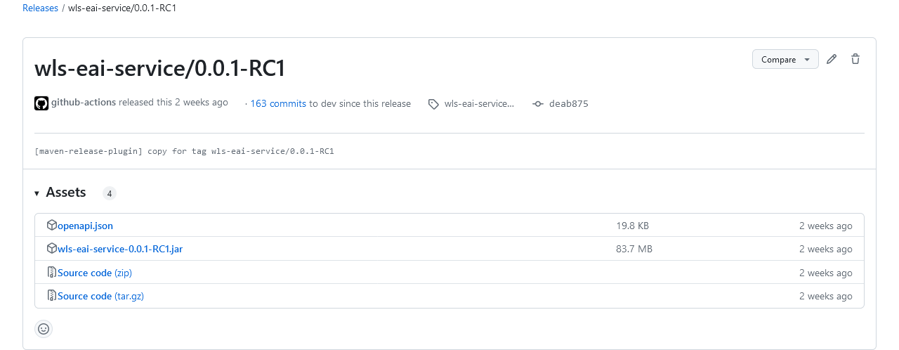 Übersicht über Release von wls-eai-service Version 0.0.1-RC1