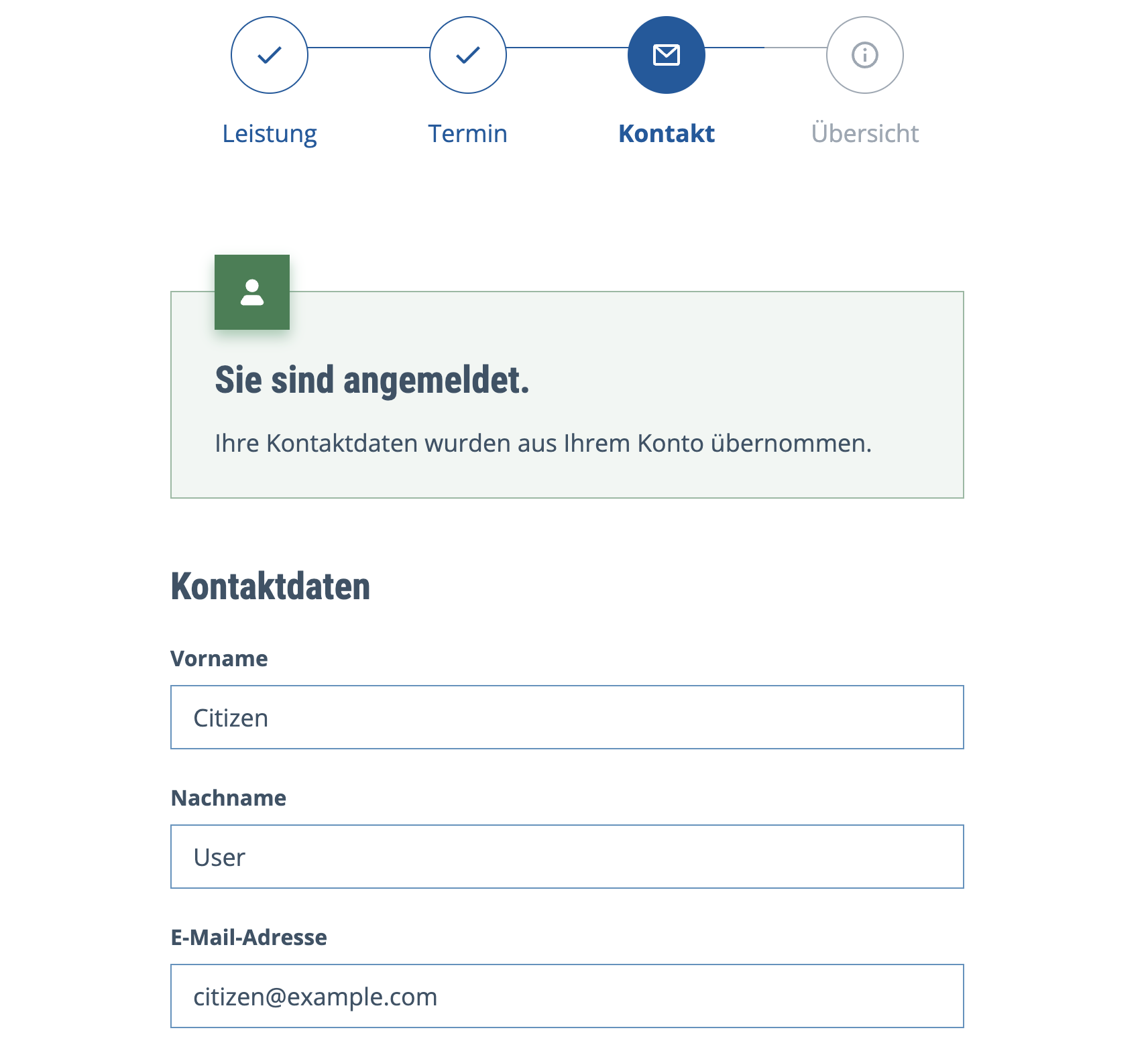 Eingeloggter Kontakt-Schritt mit Citizen User und citizen@example.com