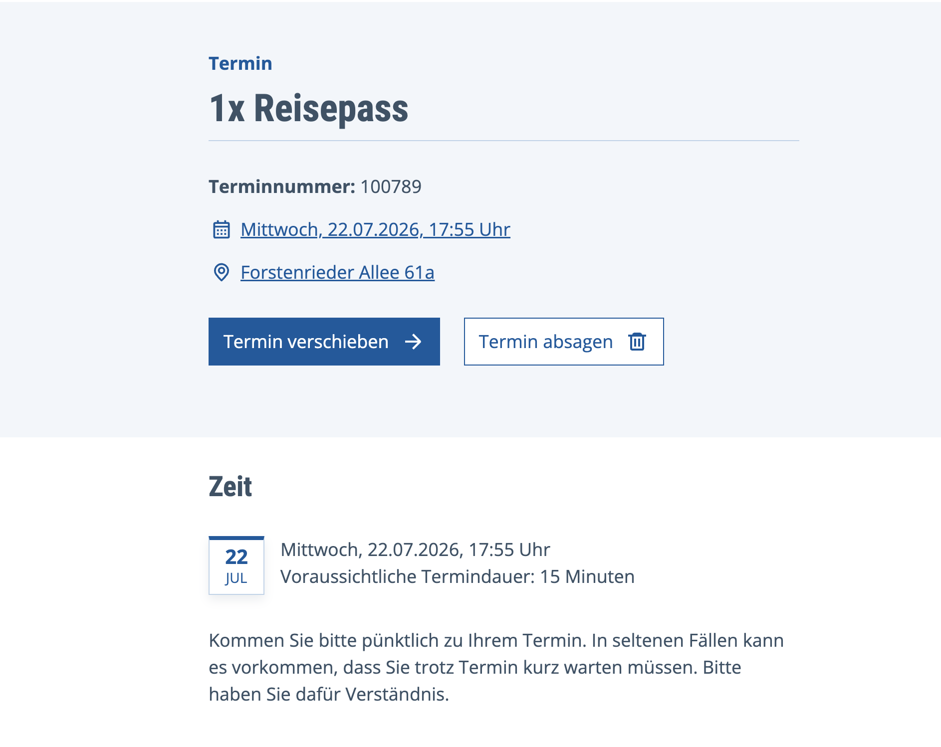 Termindetail eines gebuchten Reisepass-Termins im eingeloggten Zustand