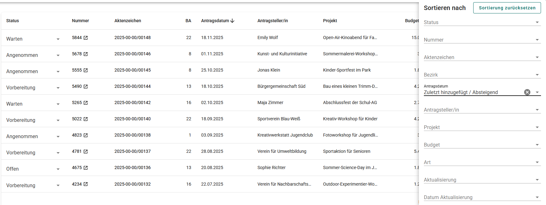 Sorting of the application list