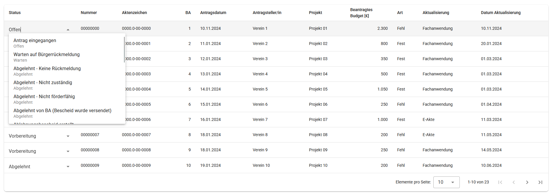 Application list with an open dropdown menu to update the application status